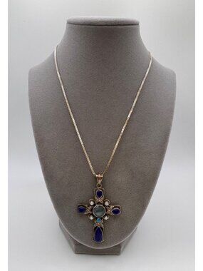 Vintage Nicky Butler 925 Cross Pendant Necklace Lapis Labradorite Pearl 17.5”